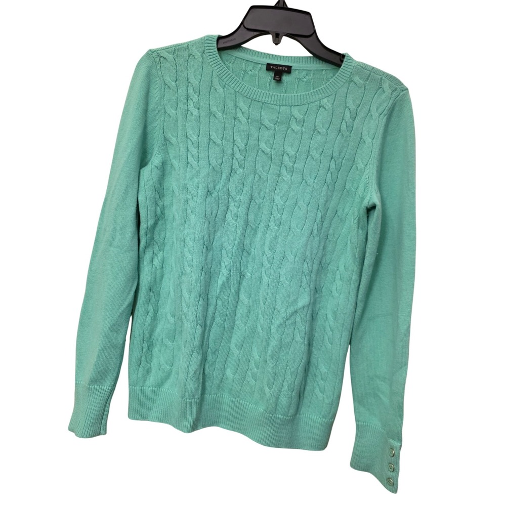 Talbots Womens Mint Green Cable Knit Lambswool Blend Sweater Size M Crew Neck‎